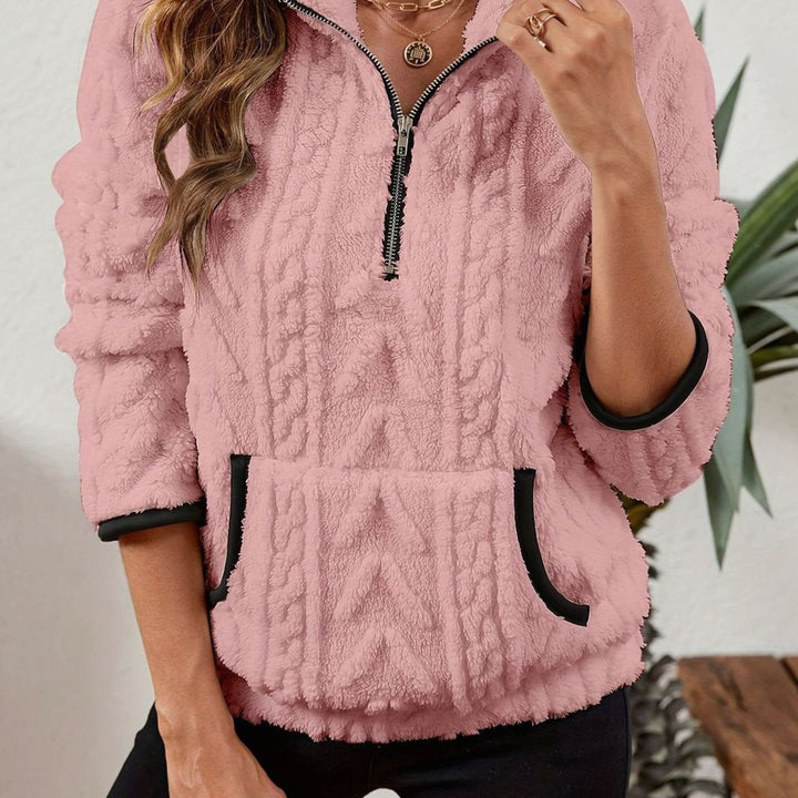 Women's Cozy Fleece Half-Zip Kangaroo Pocket Pullover Sweater - Pink