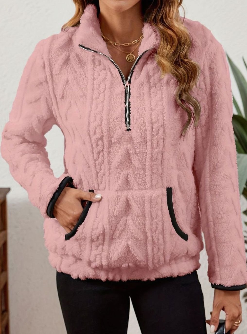 Women's Cozy Fleece Half-Zip Kangaroo Pocket Pullover Sweater