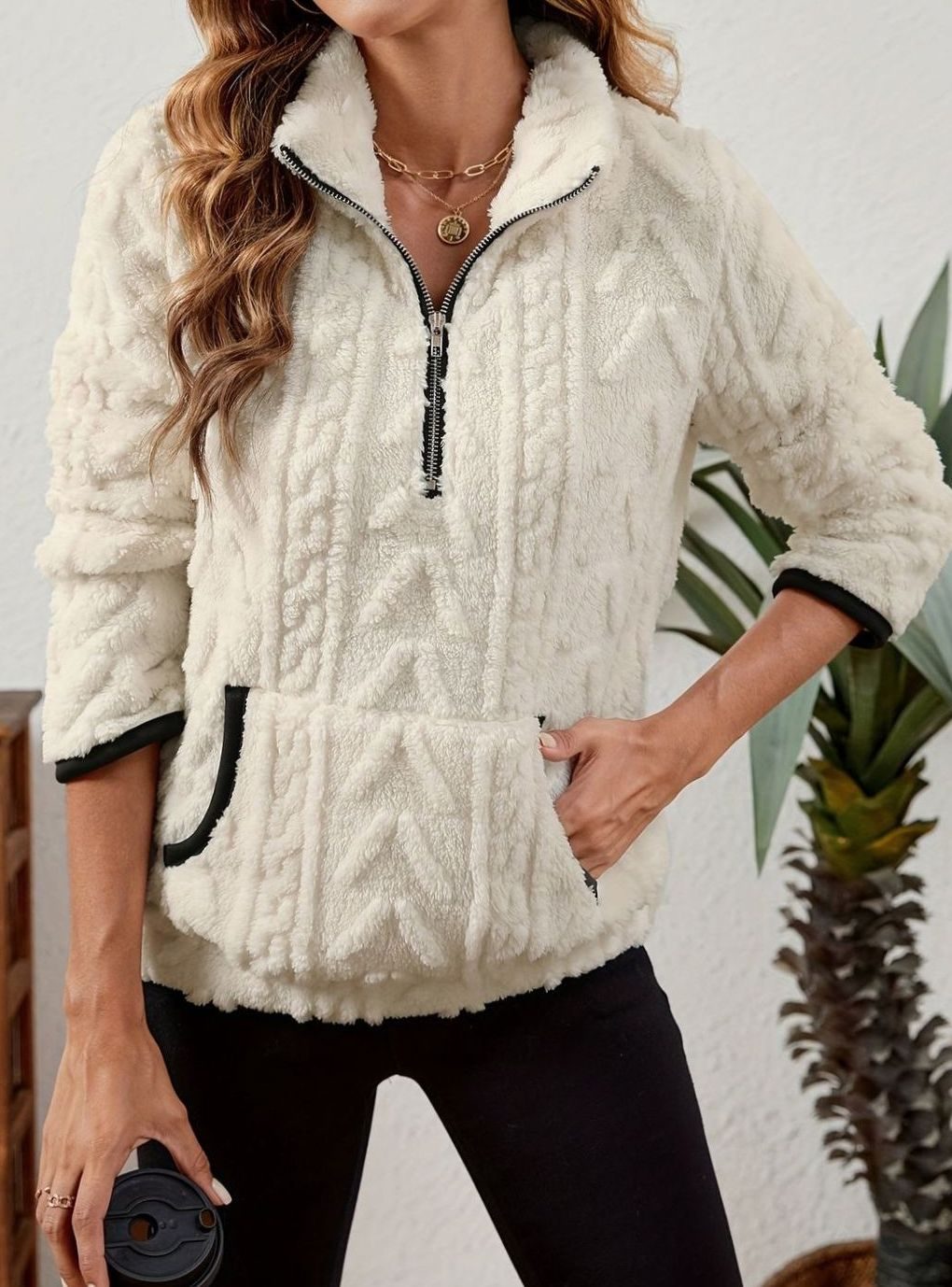 Women's Cozy Fleece Half-Zip Kangaroo Pocket Pullover Sweater