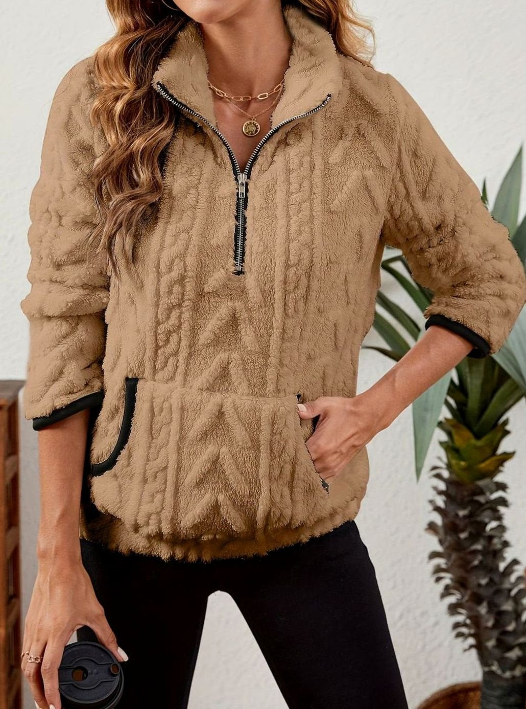 Women's Cozy Fleece Half-Zip Kangaroo Pocket Pullover Sweater