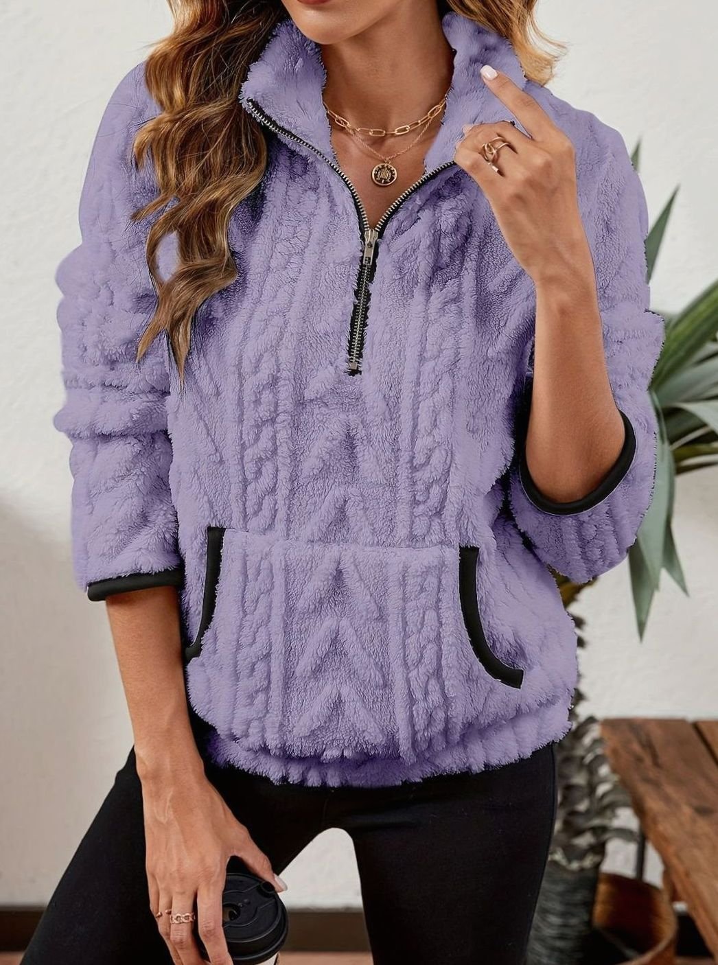 Women's Cozy Fleece Half-Zip Kangaroo Pocket Pullover Sweater