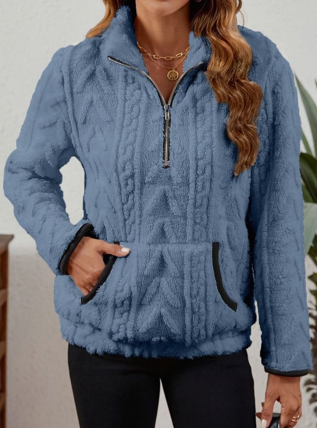 Women's Cozy Fleece Half-Zip Kangaroo Pocket Pullover Sweater