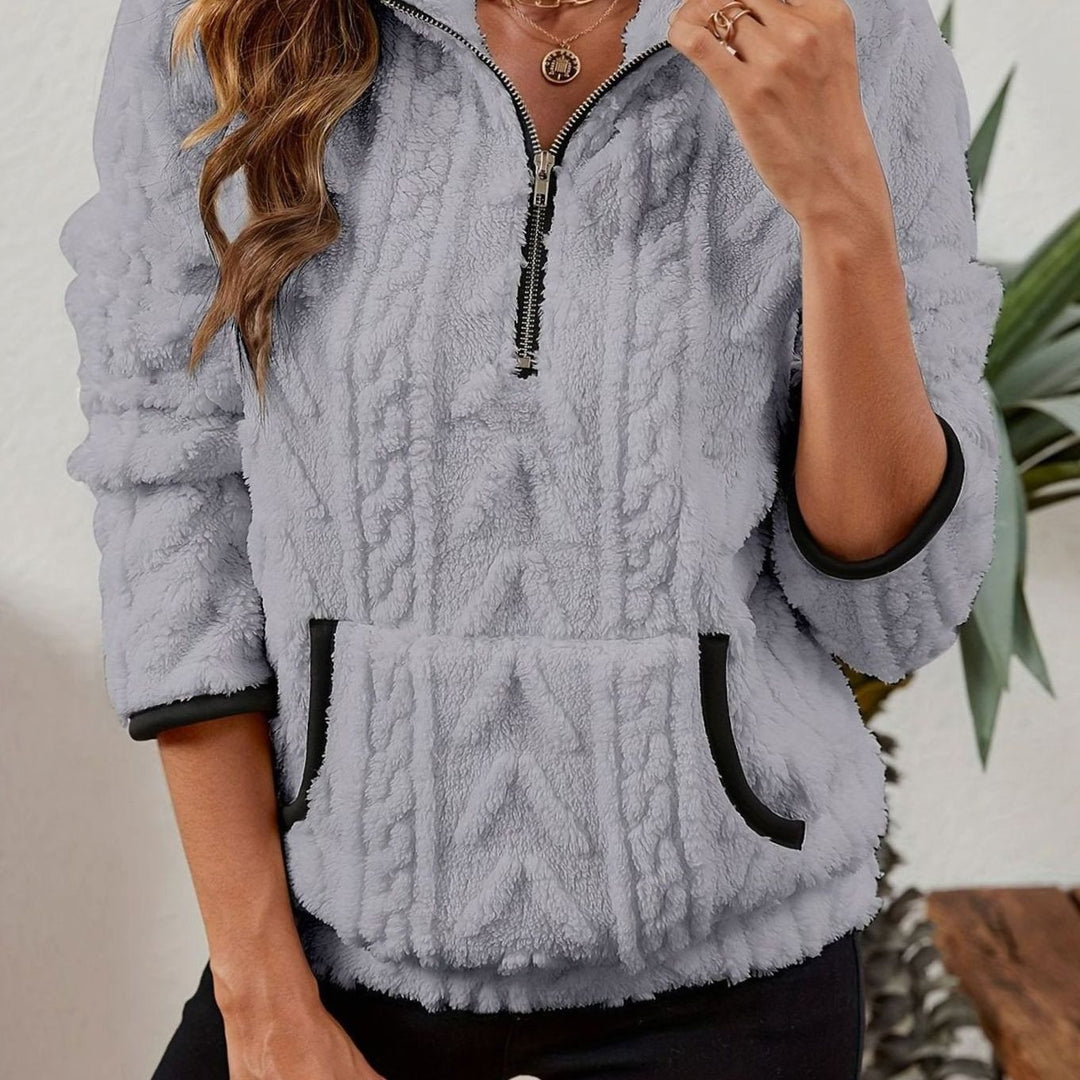 Women's Cozy Fleece Half-Zip Kangaroo Pocket Pullover Sweater - Grey