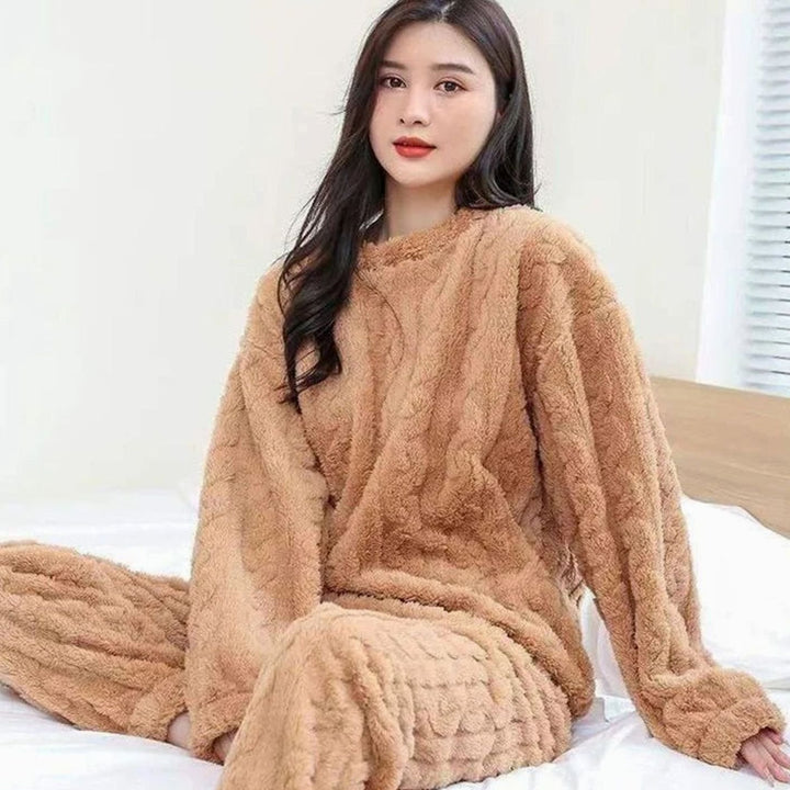 Women's Cozy Fleece Long-Sleeve Winter Loungewear Set - Khaki