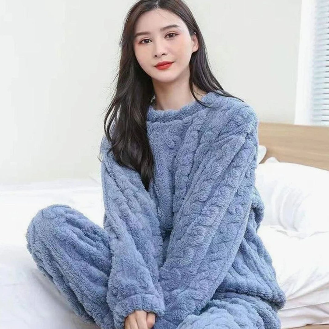 Women's Cozy Fleece Long-Sleeve Winter Loungewear Set - Blue