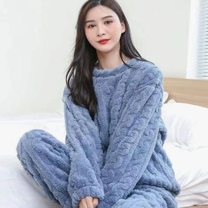 Women's Cozy Fleece Long-Sleeve Winter Loungewear Set - Blue