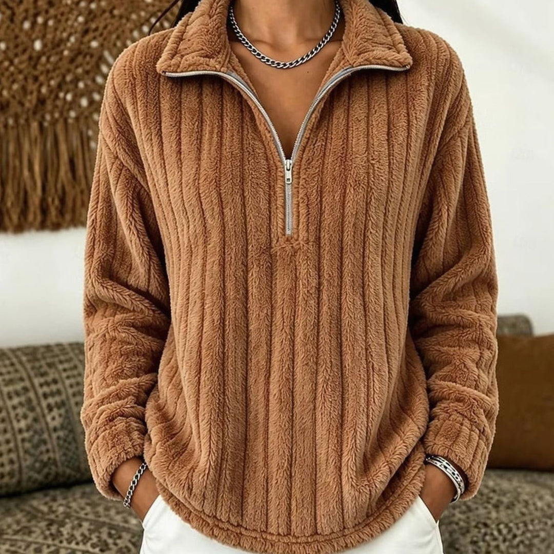 Women's Cozy Fleece Quarter-Zip Pullover Sweater - Light Brown
