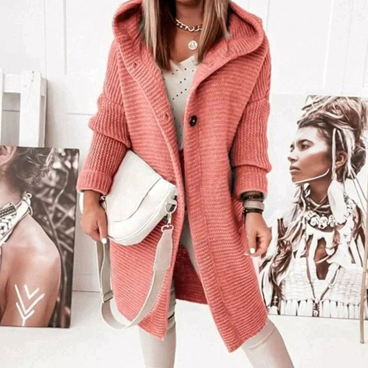 Women's Cozy Hooded Knit Cardigan Jacket Relaxed Fit - Red