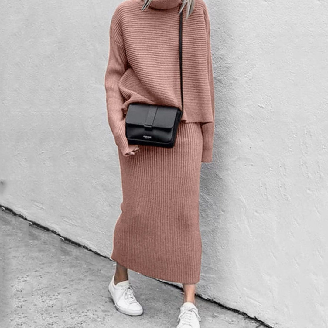 Women's Cozy Pullover Turtleneck Ribbed Knit Two-Piece Skirt Set - Pink