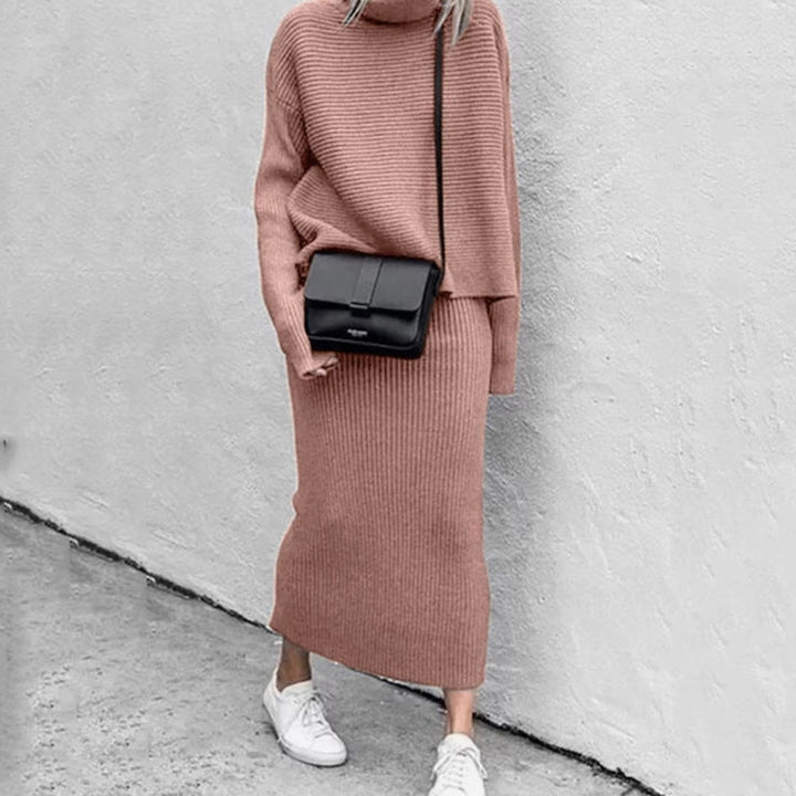 Women's Cozy Pullover Turtleneck Ribbed Knit Two-Piece Skirt Set - Pink