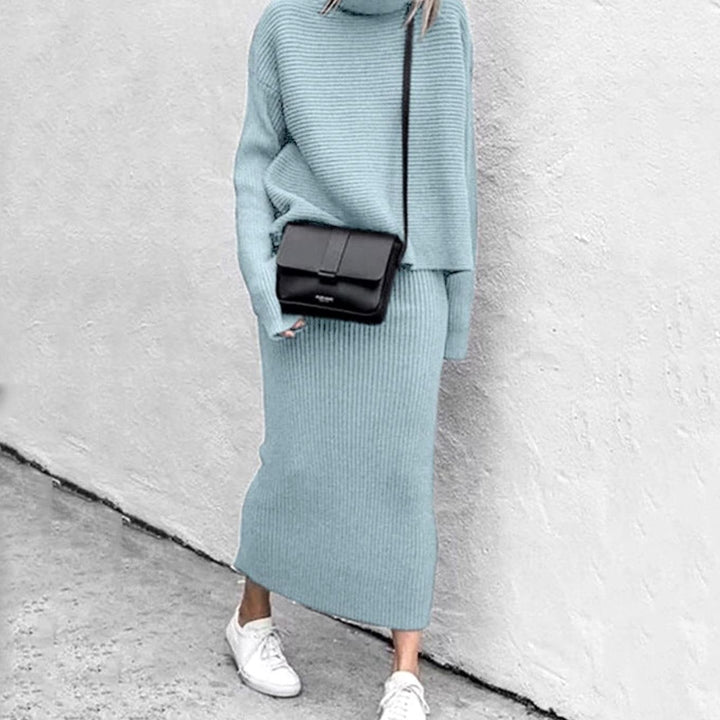 Women's Cozy Pullover Turtleneck Ribbed Knit Two-Piece Skirt Set - Blue