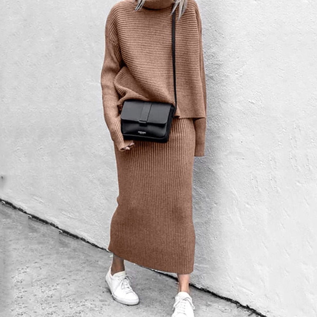 Women's Cozy Pullover Turtleneck Ribbed Knit Two-Piece Skirt Set - Brown