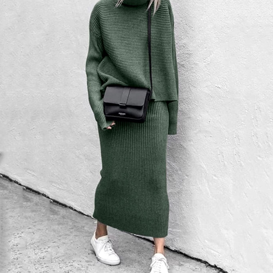Women's Cozy Pullover Turtleneck Ribbed Knit Two-Piece Skirt Set - Military Green
