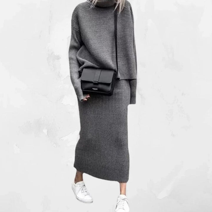 Women's Cozy Pullover Turtleneck Ribbed Knit Two-Piece Skirt Set - Grey