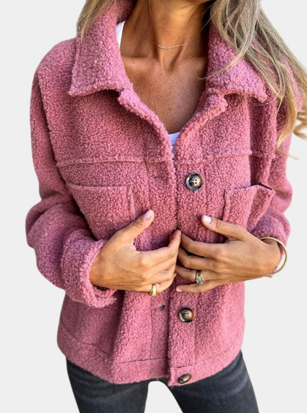 Women's Cozy Sherpa Button-Front Teddy Jacket - Pink
