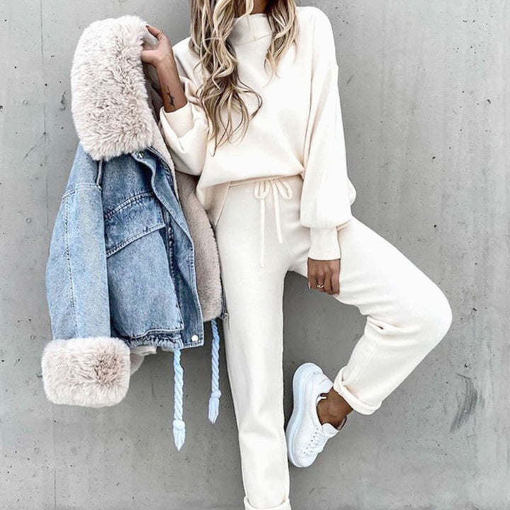 Women's Cozy Two-Piece Tracksuit Outfit Mock Neck Jogger Set - White