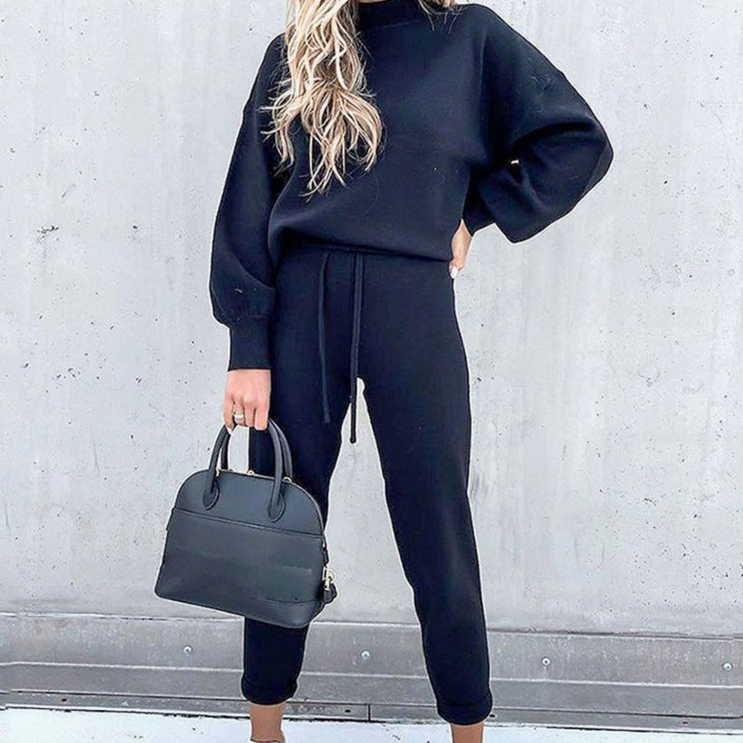 Women's Cozy Two-Piece Tracksuit Outfit Mock Neck Jogger Set - Blue