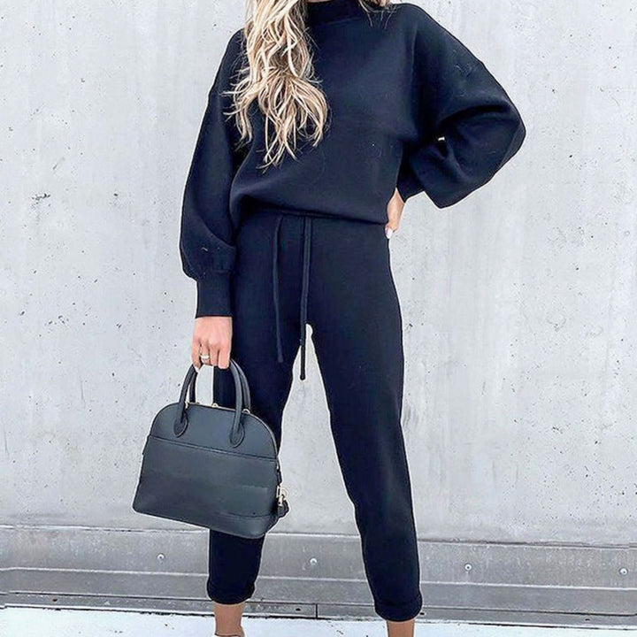 Women's Cozy Two-Piece Tracksuit Outfit Mock Neck Jogger Set - Blue