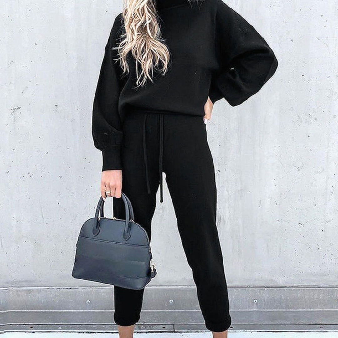 Women's Cozy Two-Piece Tracksuit Outfit Mock Neck Jogger Set - Black