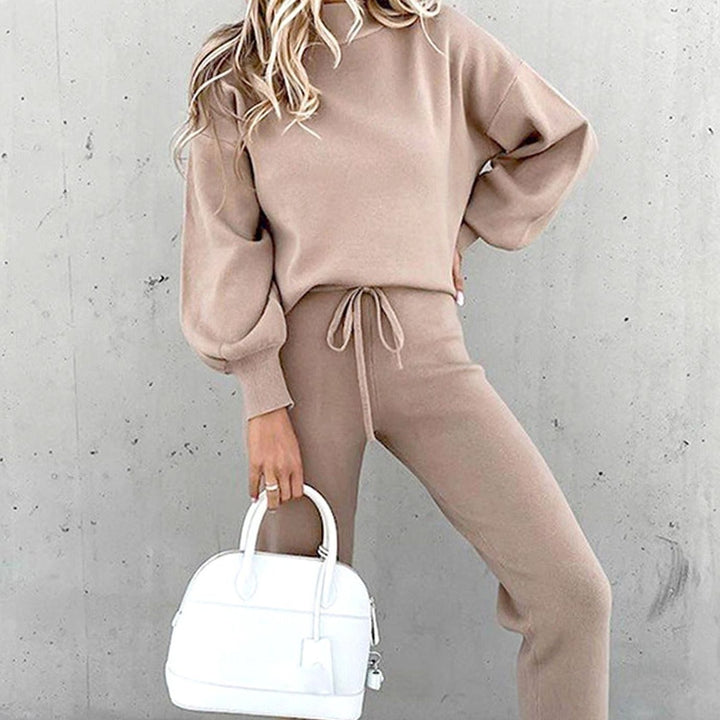 Women's Cozy Two-Piece Tracksuit Outfit Mock Neck Jogger Set - Grey Pink
