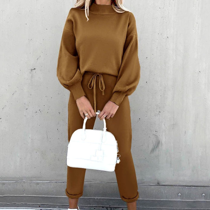 Women's Cozy Two-Piece Tracksuit Outfit Mock Neck Jogger Set - Coffee