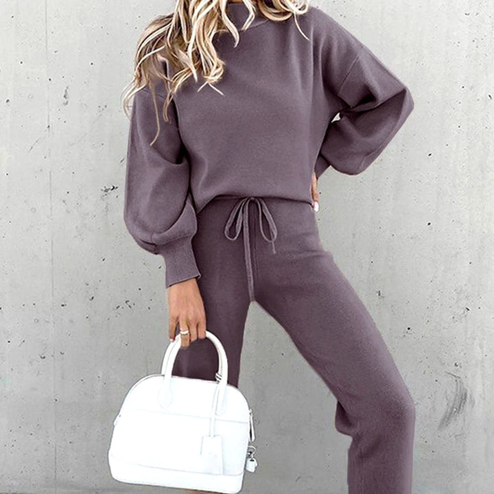 Women's Cozy Two-Piece Tracksuit Outfit Mock Neck Jogger Set - Purple