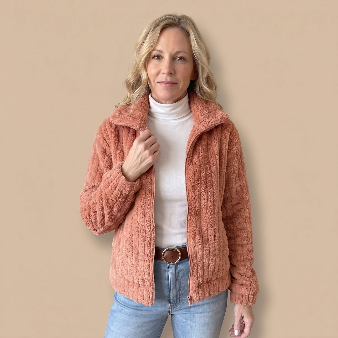 Women's Cozy Zip-Up Plush Fleece Quilted Jacket - Rose
