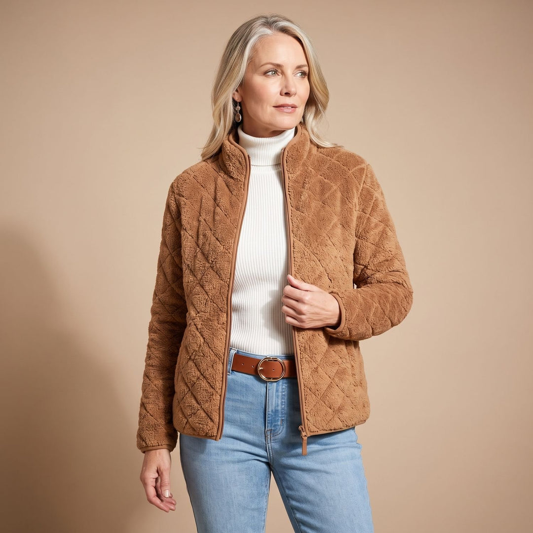 Women's Cozy Zip-Up Plush Fleece Quilted Jacket - Khaki