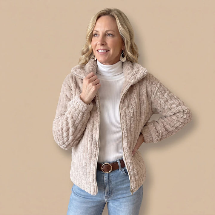 Women's Cozy Zip-Up Plush Fleece Quilted Jacket - Apricot