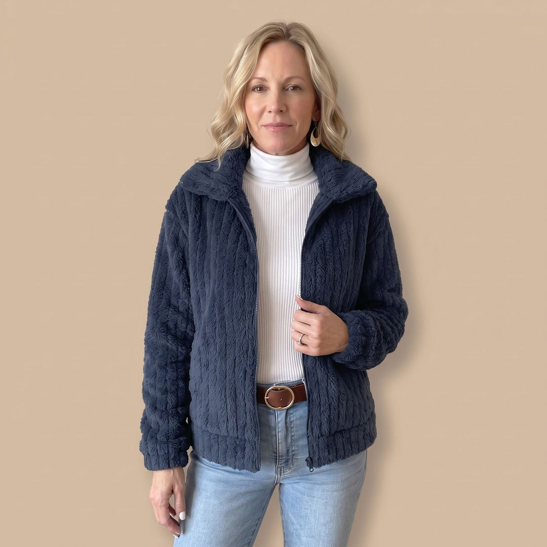 Women's Cozy Zip-Up Plush Fleece Quilted Jacket - Navy Blue