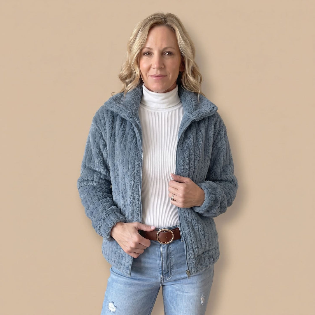 Women's Cozy Zip-Up Plush Fleece Quilted Jacket - Blue