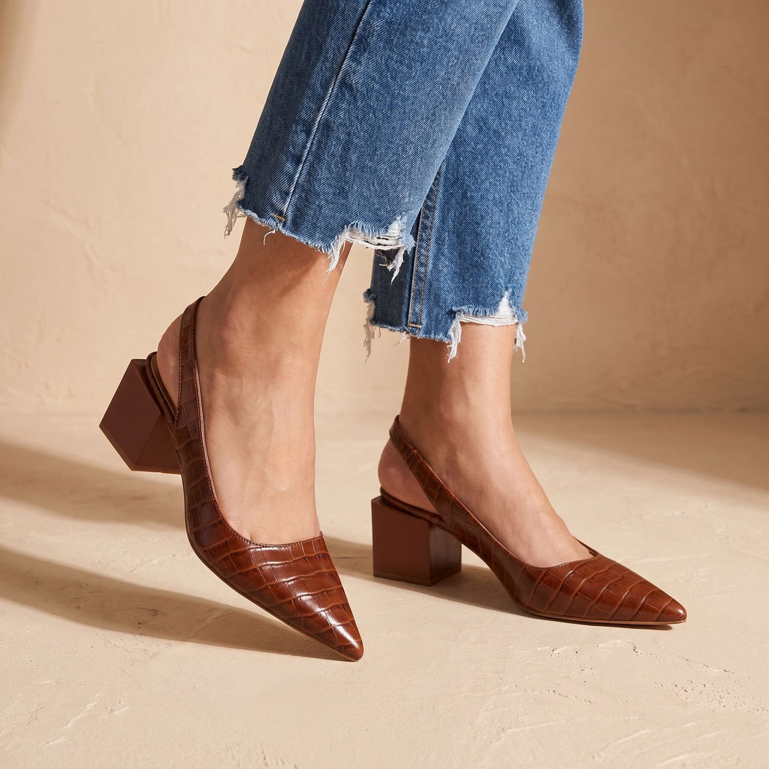 Women's Croc-Embossed Pointed-Toe Slingback Block Heel Pumps - Dark Brown
