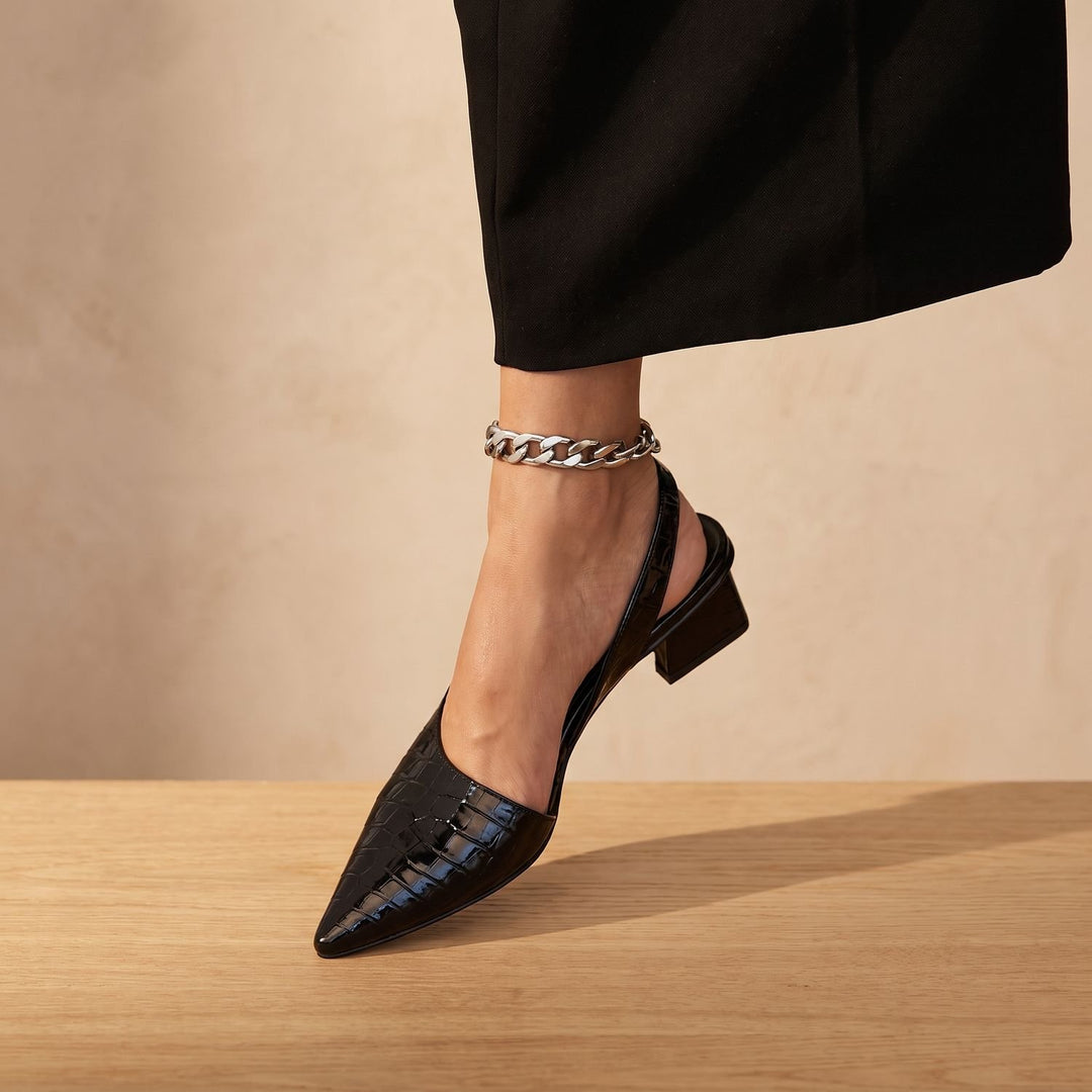 Women's Croc-Embossed Pointed-Toe Slingback Block Heel Pumps - Black