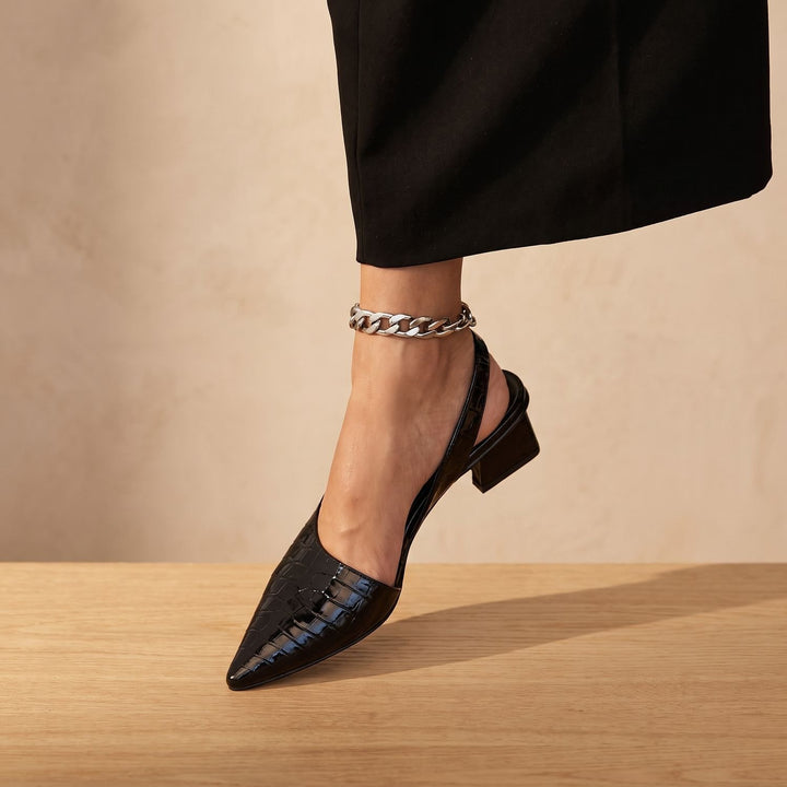 Women's Croc-Embossed Pointed-Toe Slingback Block Heel Pumps - Black