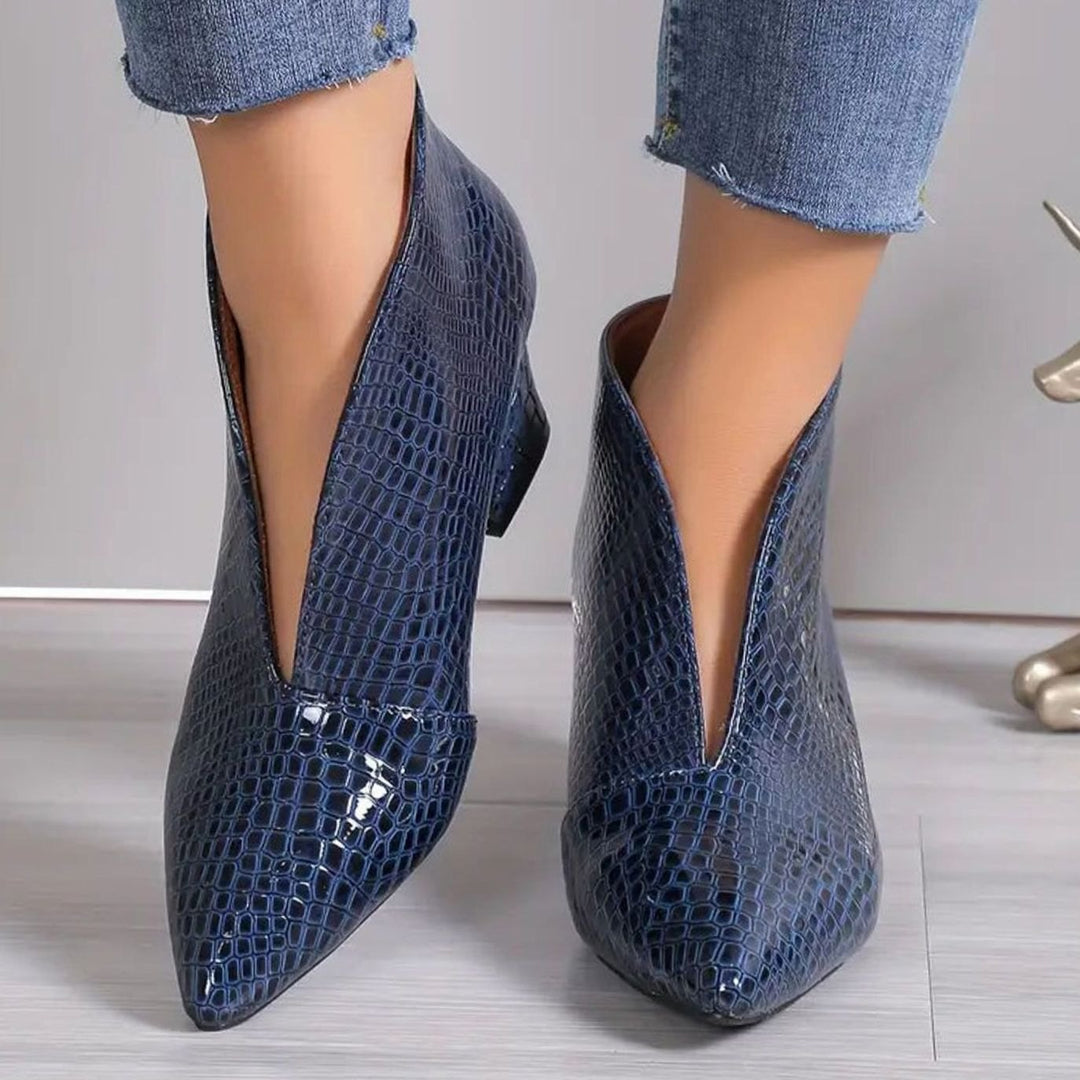 Women's Croc-Embossed Pointed-Toe V-Cut Ankle Boots