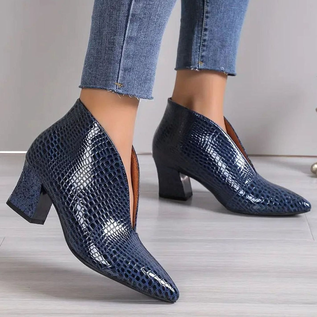 Women's Croc-Embossed Pointed-Toe V-Cut Ankle Boots - Royal Blue