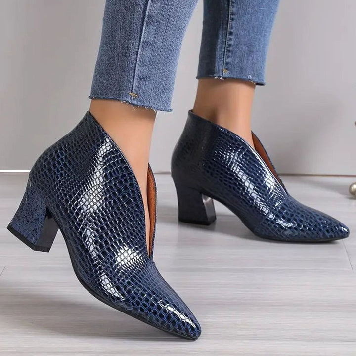 Women's Croc-Embossed Pointed-Toe V-Cut Ankle Boots - Royal Blue