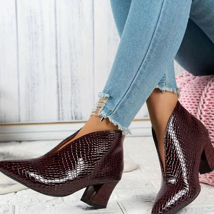 Women's Croc-Embossed Pointed-Toe V-Cut Ankle Boots