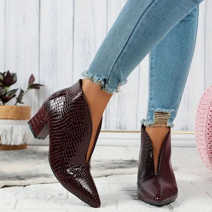 Women's Croc-Embossed Pointed-Toe V-Cut Ankle Boots - Burgundy