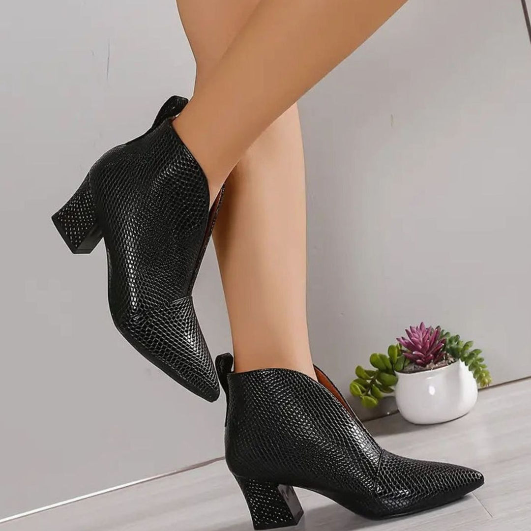 Women's Croc-Embossed Pointed-Toe V-Cut Ankle Boots