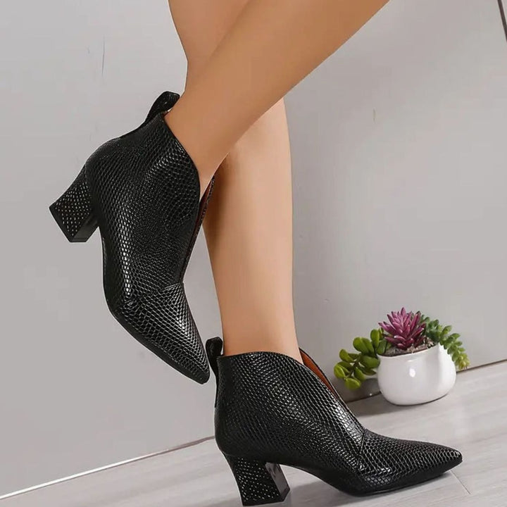 Women's Croc-Embossed Pointed-Toe V-Cut Ankle Boots
