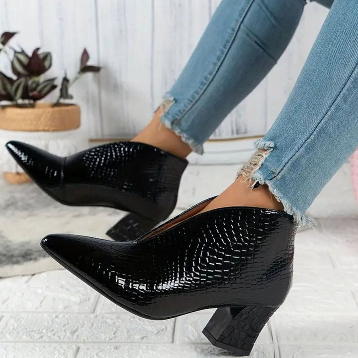 Women's Croc-Embossed Pointed-Toe V-Cut Ankle Boots
