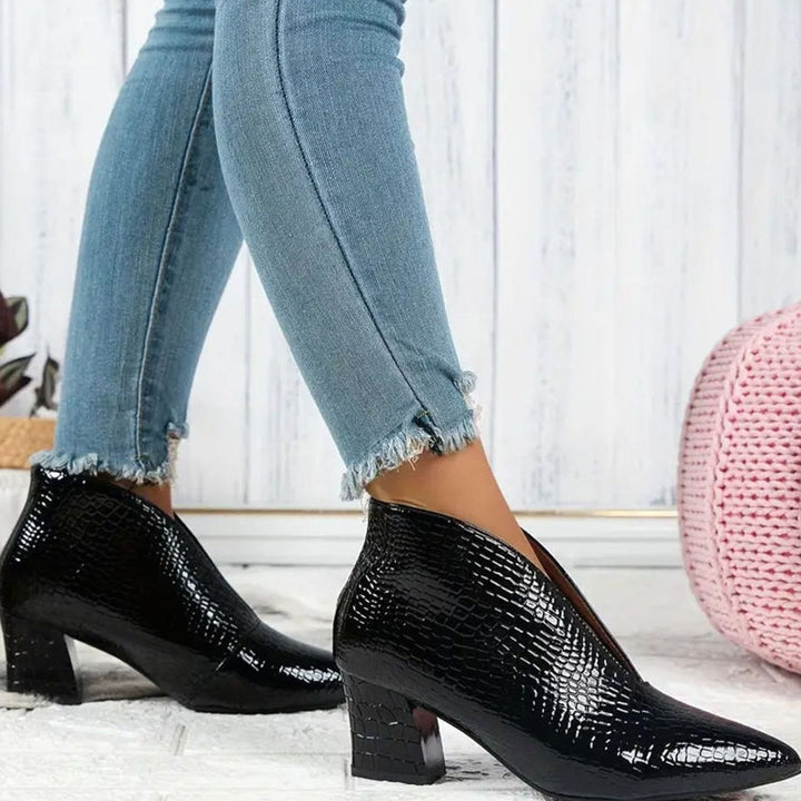 Women's Croc-Embossed Pointed-Toe V-Cut Ankle Boots - Black