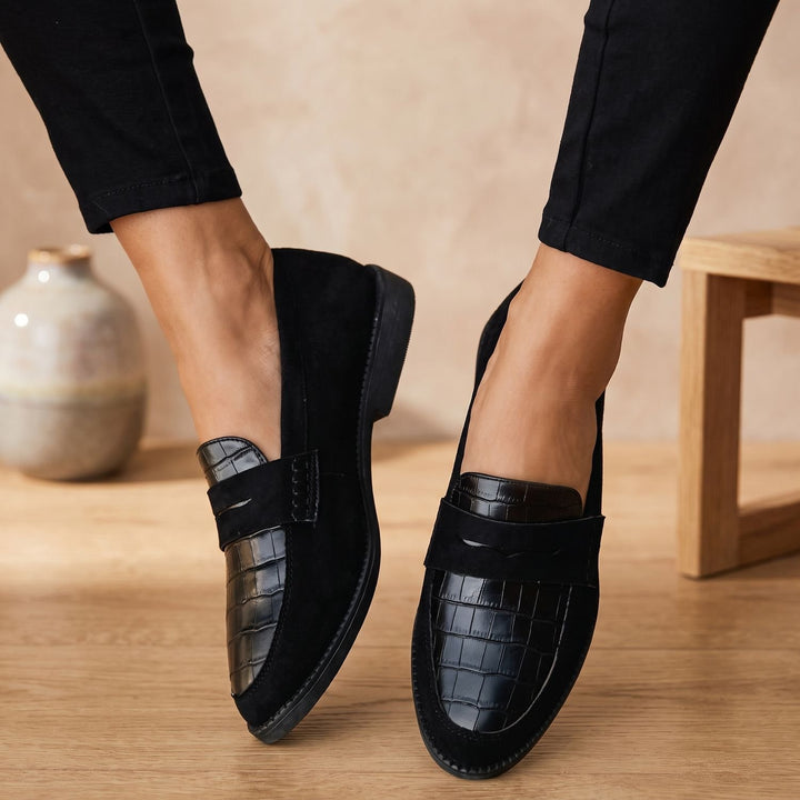 Women's Croc-Embossed Slip-On Penny Loafers - Black