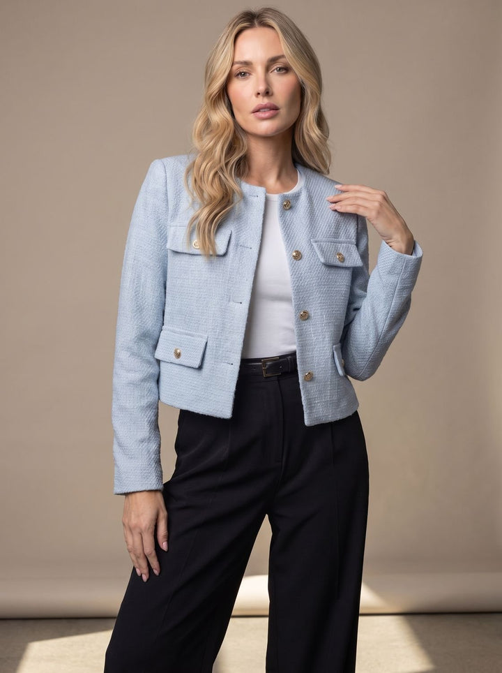 Women's Cropped Collarless Tweed Blazer Gold Button Flap Pockets - Light Blue