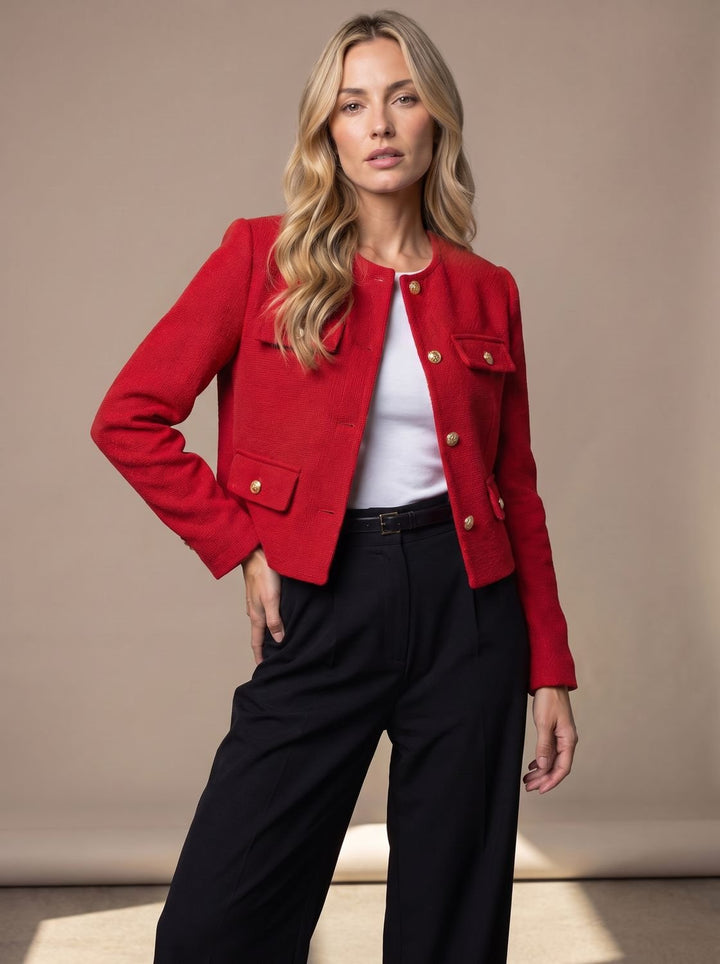 Women's Cropped Collarless Tweed Blazer Gold Button Flap Pockets - Red