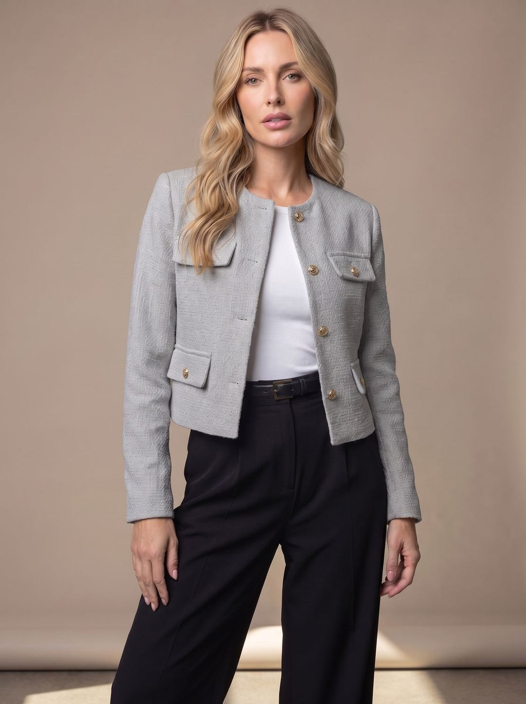 Women's Cropped Collarless Tweed Blazer Gold Button Flap Pockets - Grey