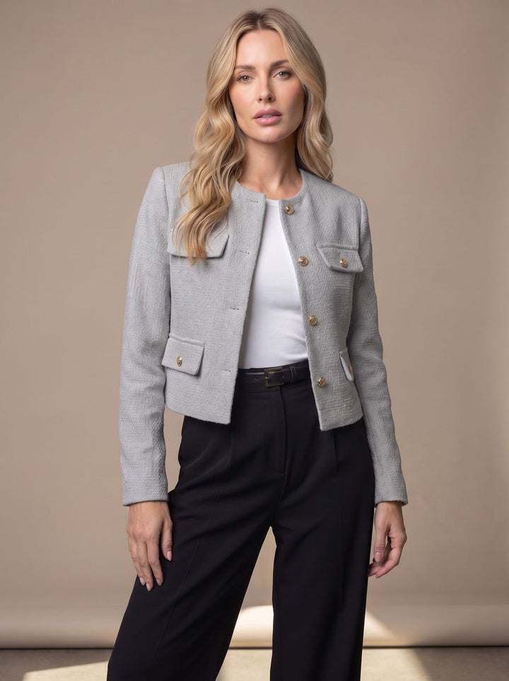 Women's Cropped Collarless Tweed Blazer Gold Button Flap Pockets - Grey