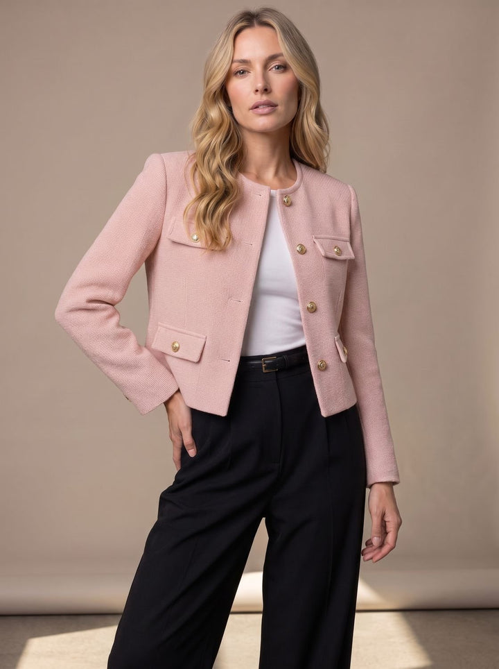 Women's Cropped Collarless Tweed Blazer Gold Button Flap Pockets - Light Pink