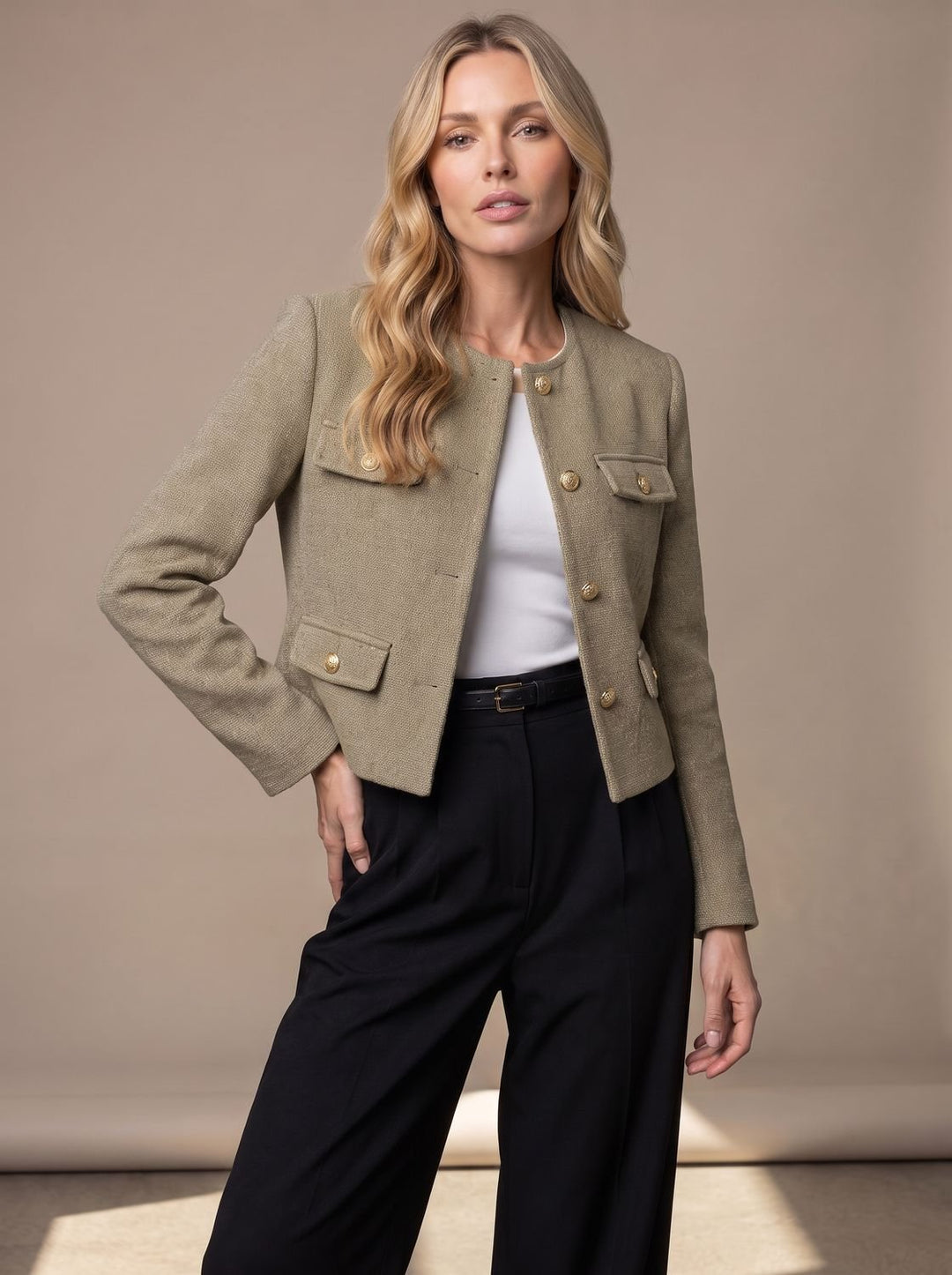 Women's Cropped Collarless Tweed Blazer Gold Button Flap Pockets - Olive